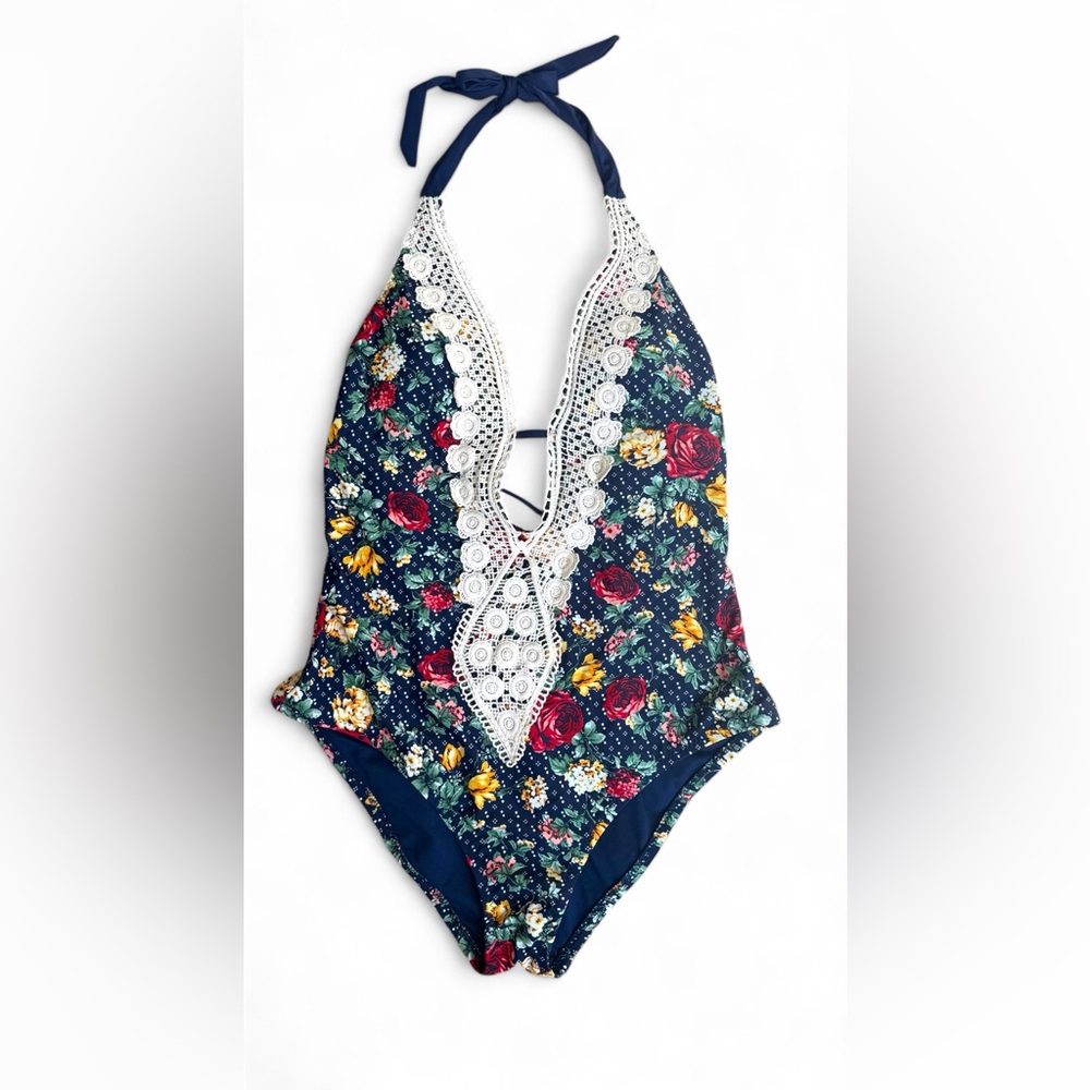 ~NWT~ Women's Deep V-Neck One Piece Swimsuit with Crochet Detail (Size L)